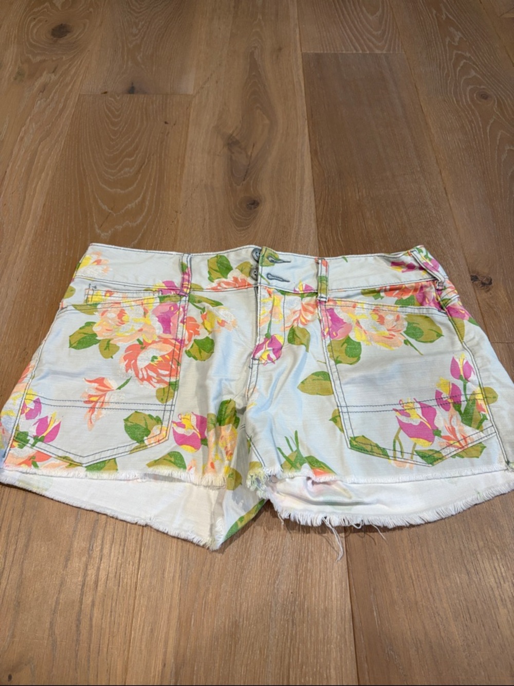 Pilcro Size 28 Denim Shorts with Pink & Green Floral Print.